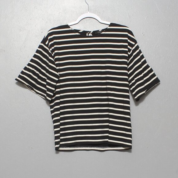 J Crew black and white stripe flare short sleeve blouse - Picture 1 of 7